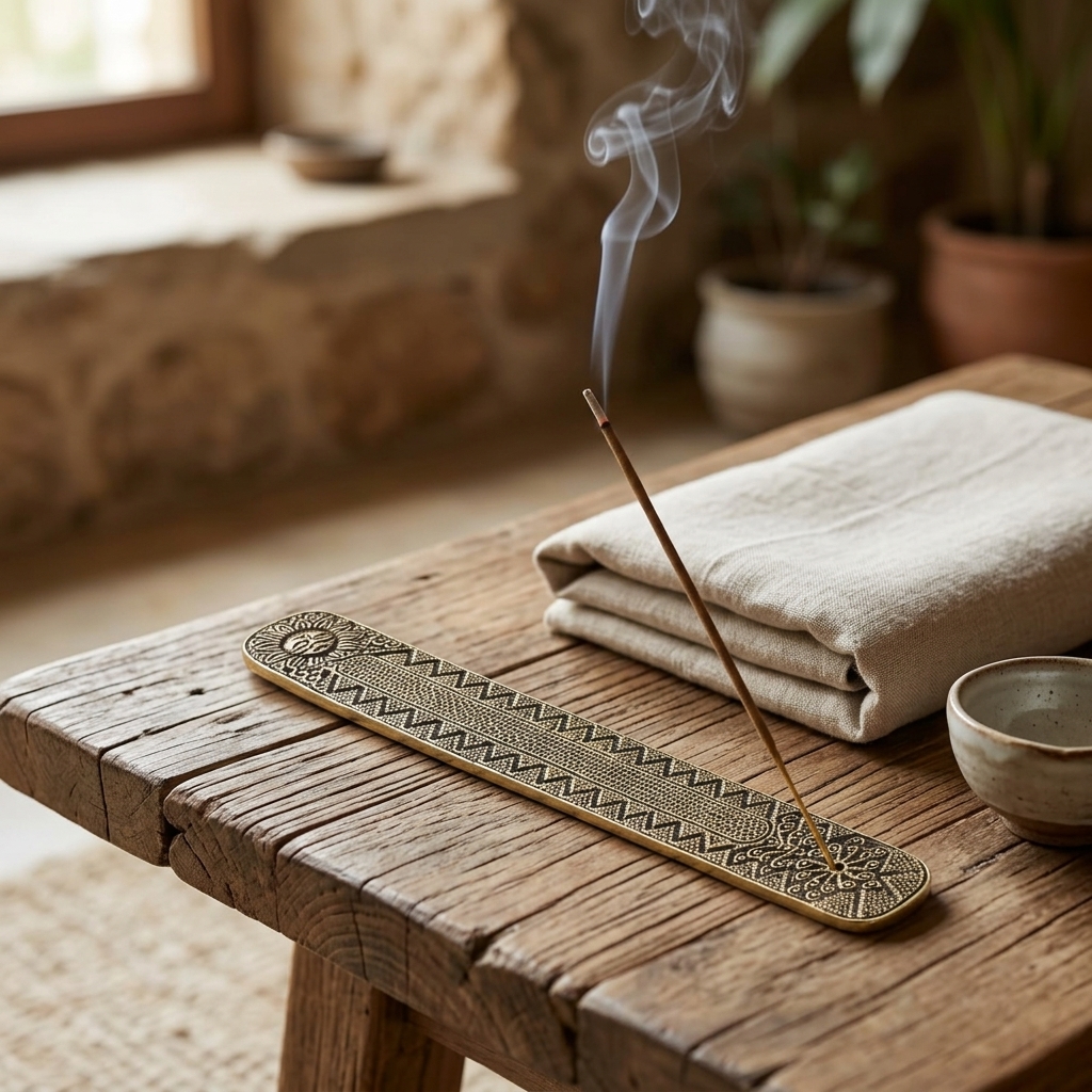 Solaris Metal Incense Holder burning on wood for a daily ritual