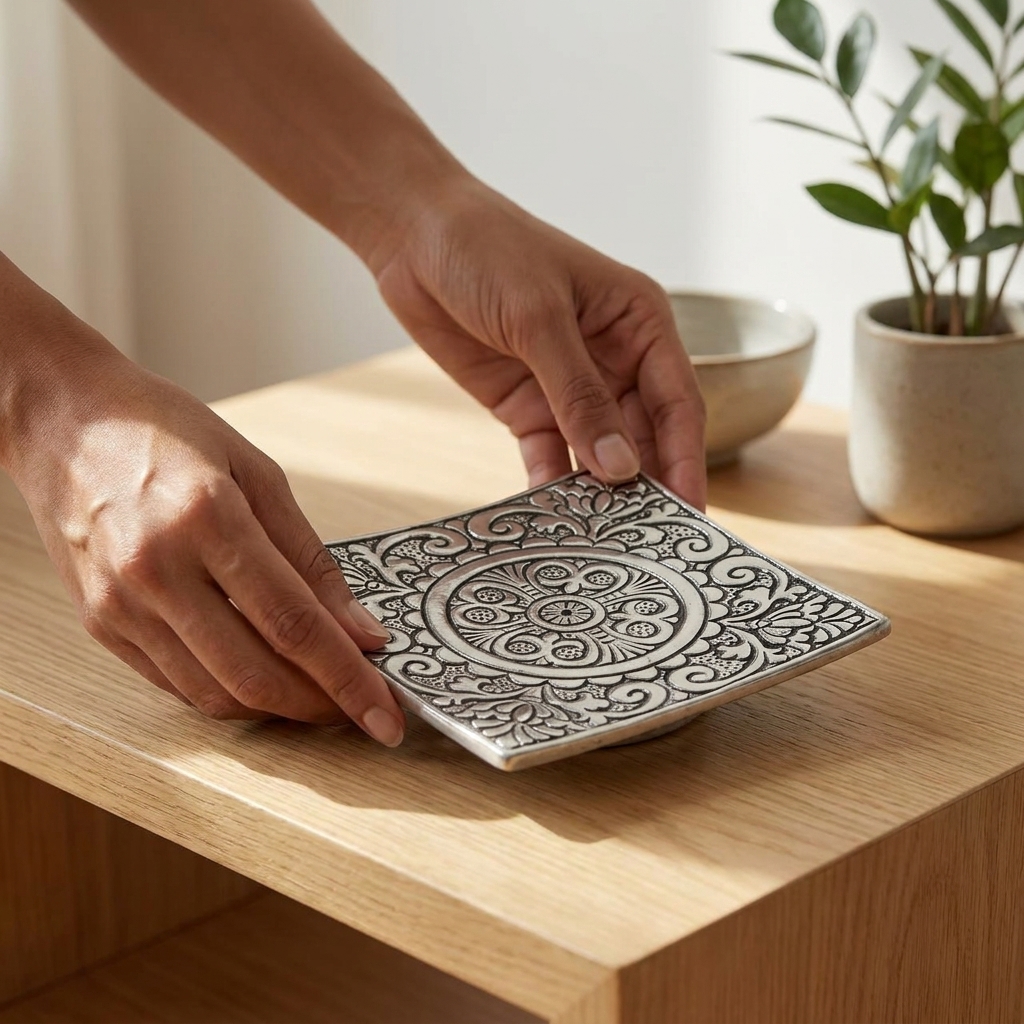 Square Mandala Metal Incense Holder — handcrafted antique silver mandala detail