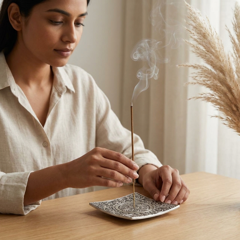 Square Mandala Metal Incense Holder — daily meditation ritual lifestyle view