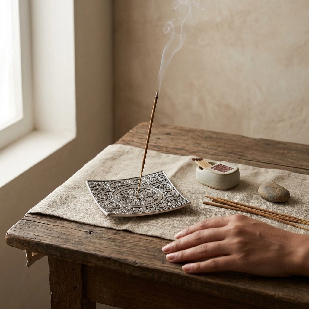 Square Mandala Metal Incense Holder — lifestyle ritual with incense sticks and matches