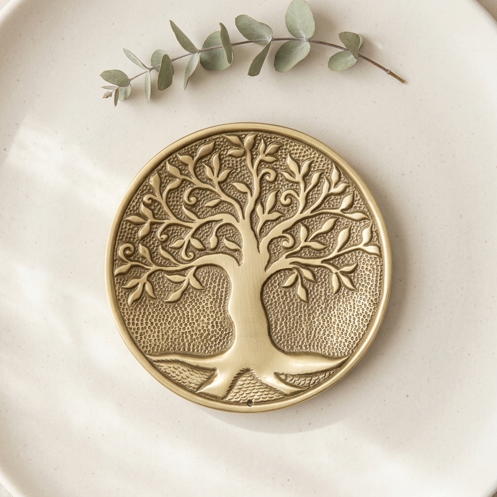 Tree of Life Metal Incense Holder (Gold) flat lay with eucalyptus sprig