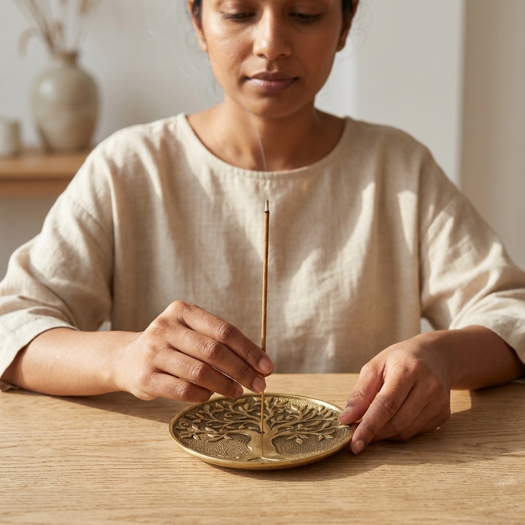 Lighting incense in a Tree of Life Metal Incense Holder (Gold)