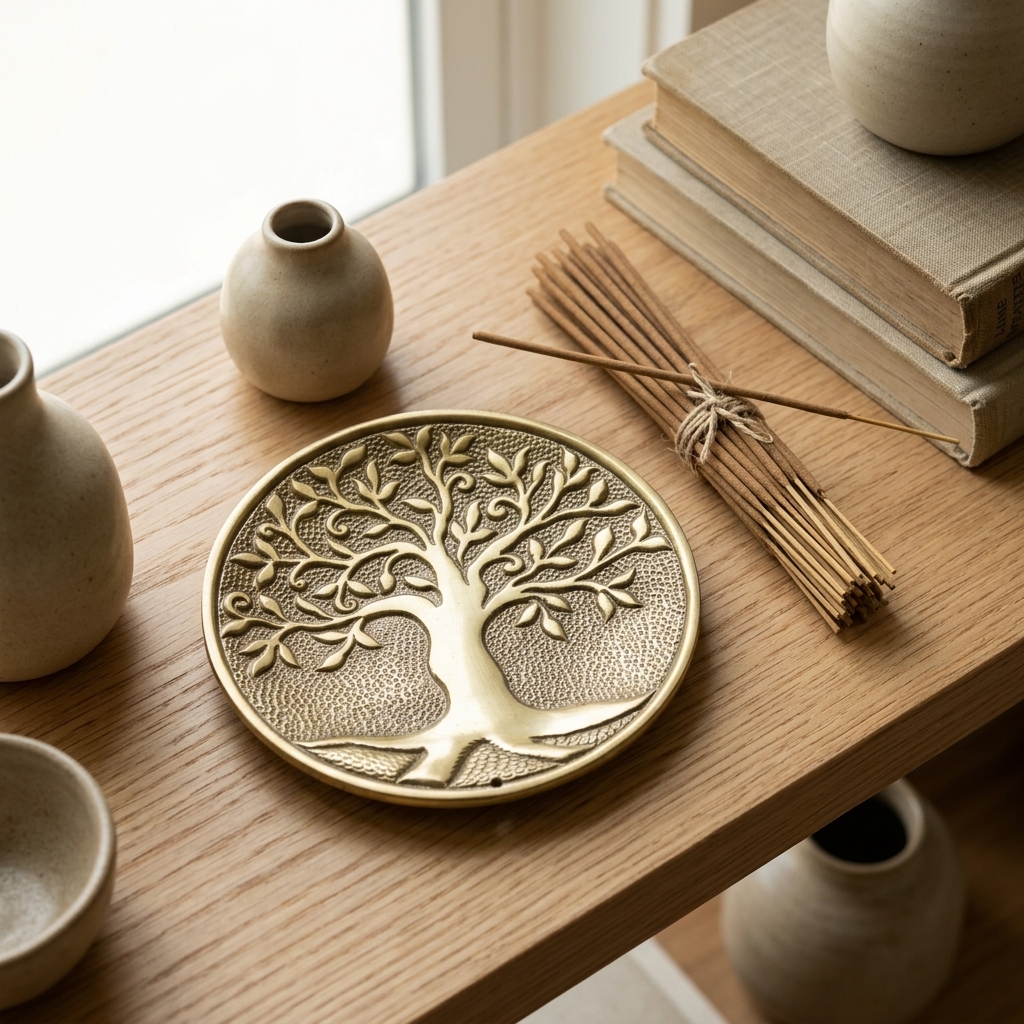 Tree of Life Metal Incense Holder (Gold) styled on a shelf with incense sticks
