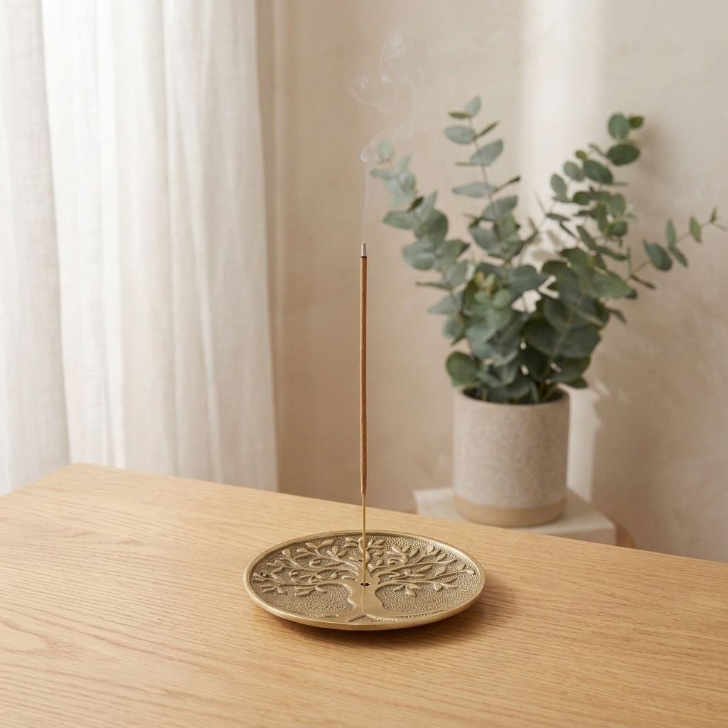 Tree of Life Metal Incense Holder (Gold) with burning incense and soft smoke