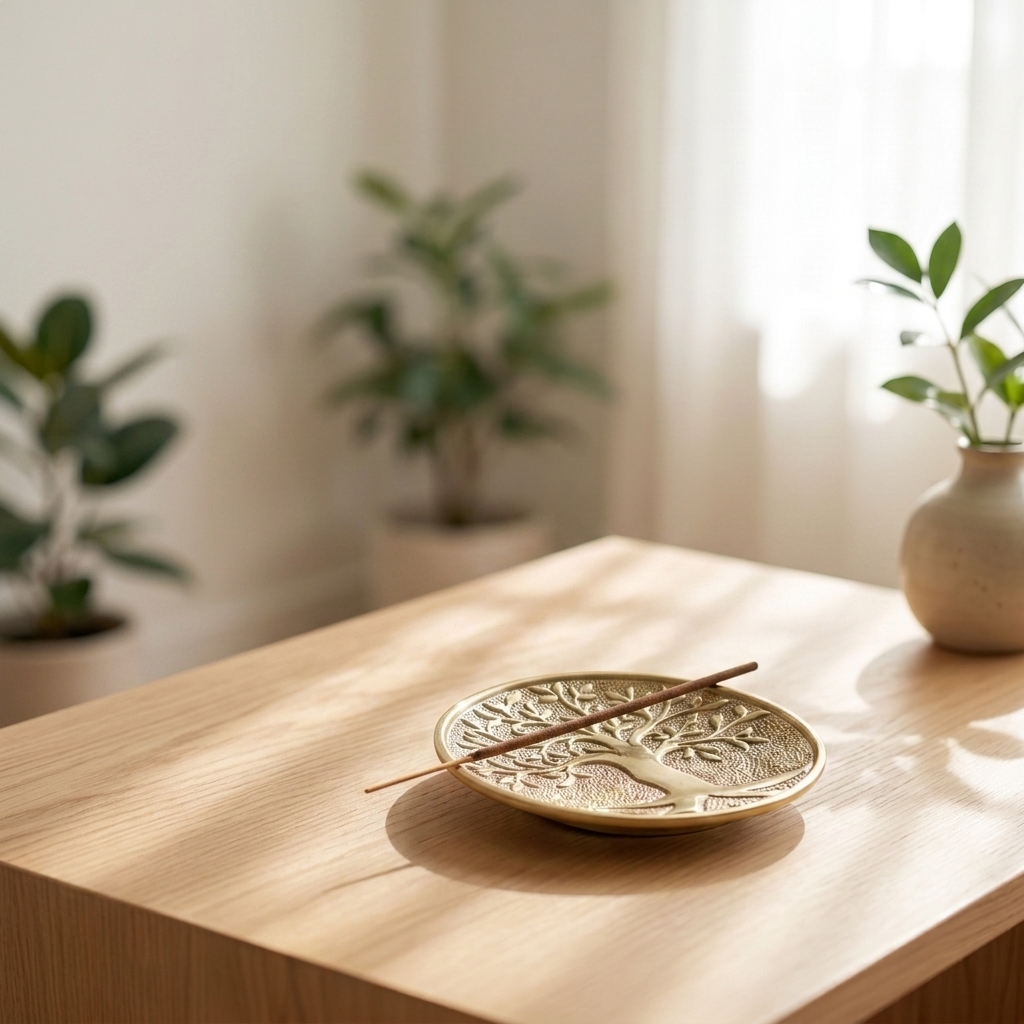 Tree of Life Metal Incense Holder (Gold) on wood for a calm home ritual