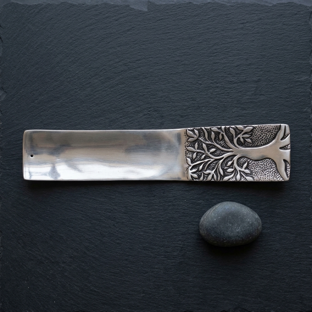 Tree of Life Metal Incense Holder (Long) on slate with embossed tree motif