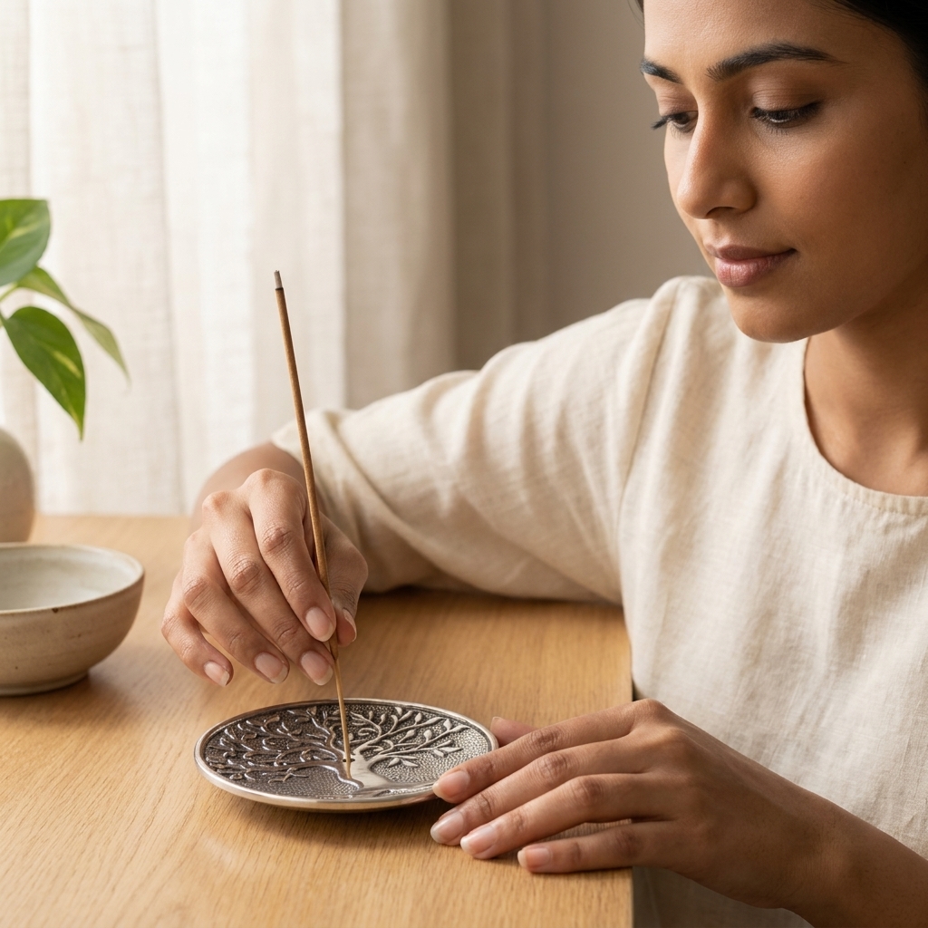 Lighting incense in a Tree of Life Metal Incense Holder (Silver)