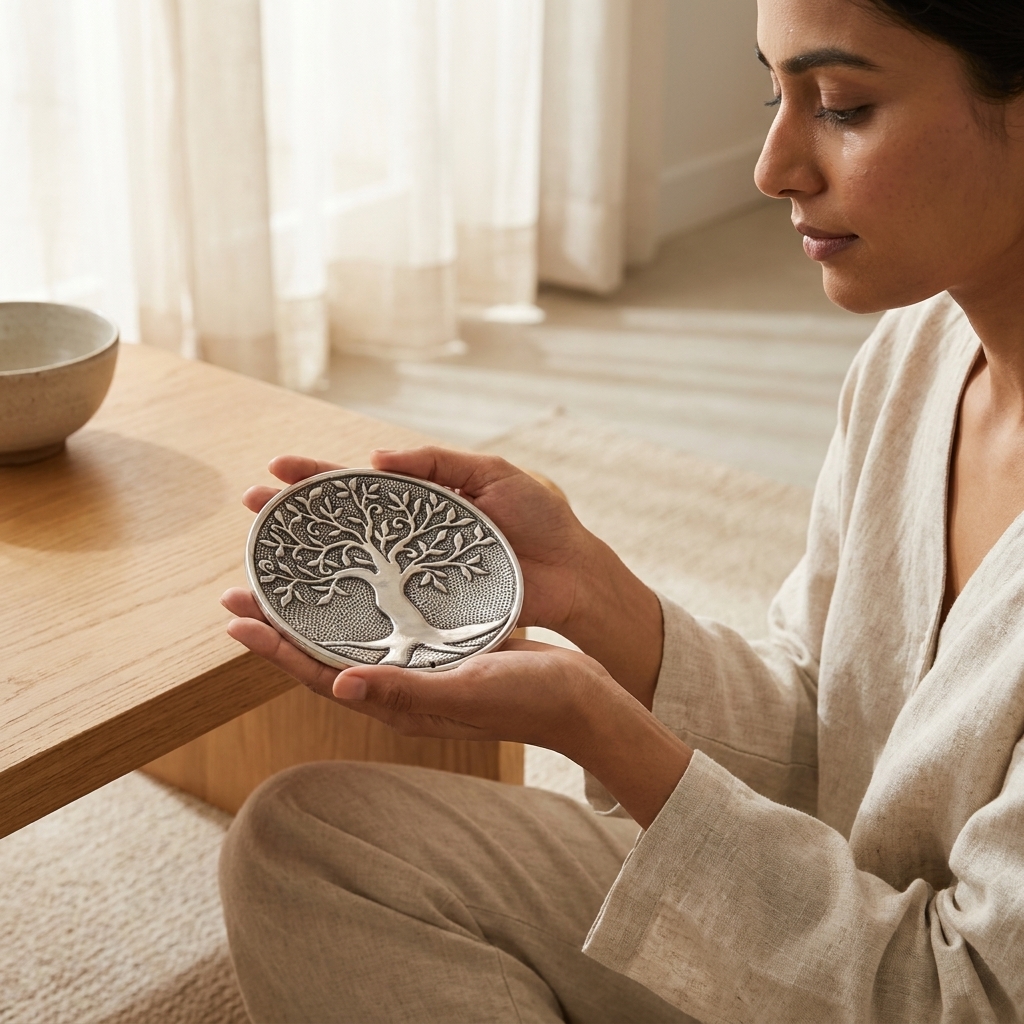 Holding a Tree of Life Metal Incense Holder (Silver) during meditation