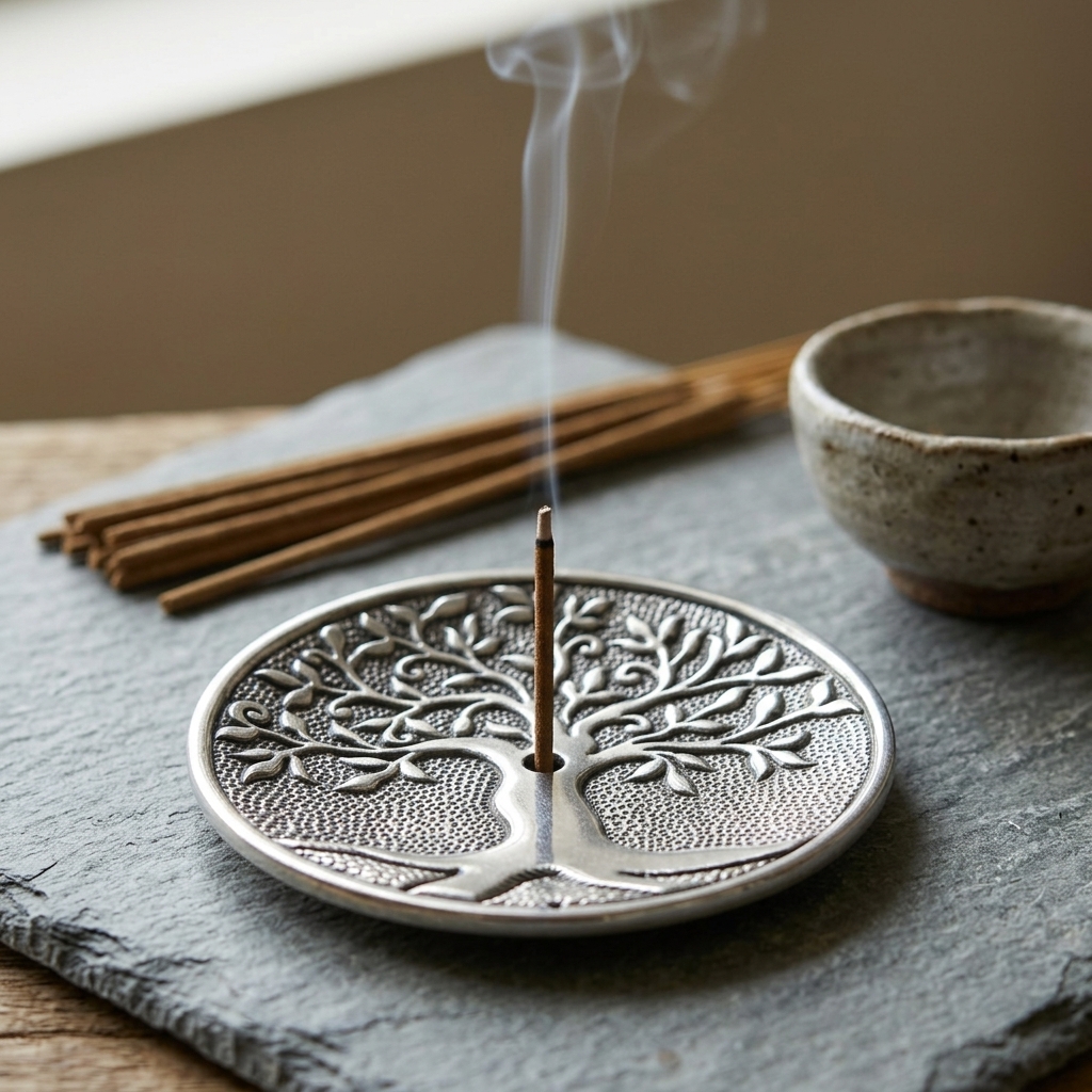 Tree of Life Metal Incense Holder (Silver) burning on slate for a calm ritual