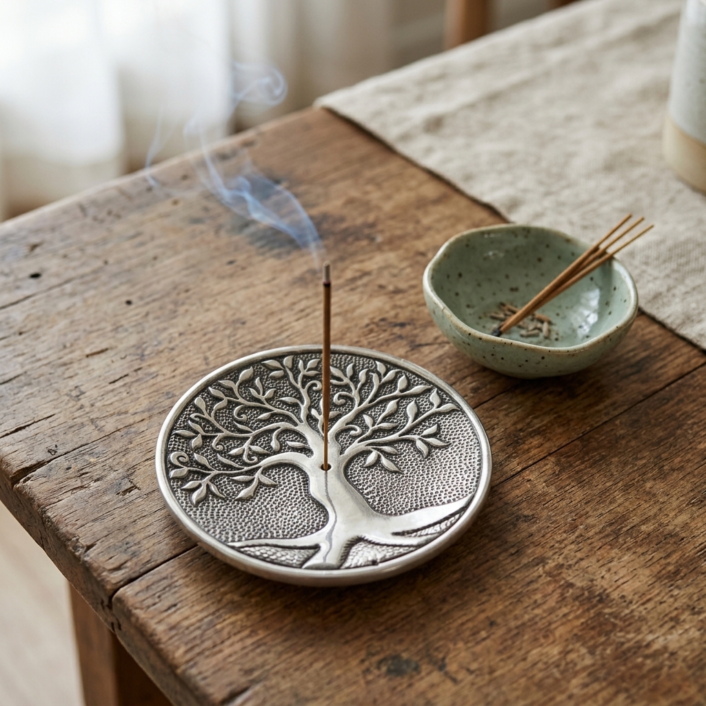Tree of Life Metal Incense Holder (Silver) burning on wood with incense bowl