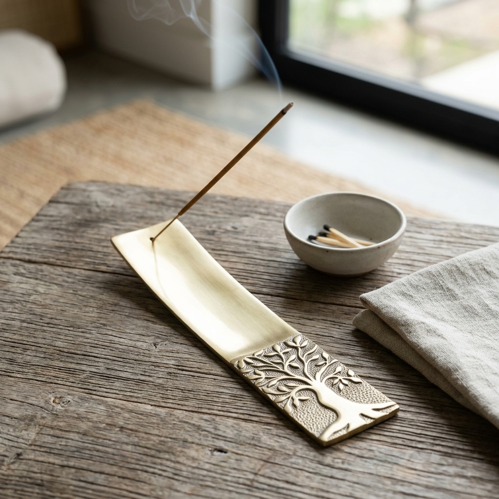 Tree of Life Metal Incense Holder (Long) — Gold burning incense on wood