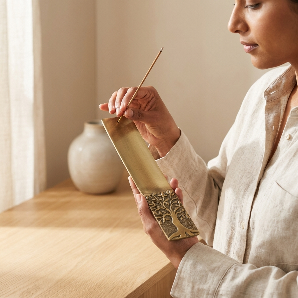 Placing incense in a Tree of Life Metal Incense Holder (Long) — Gold