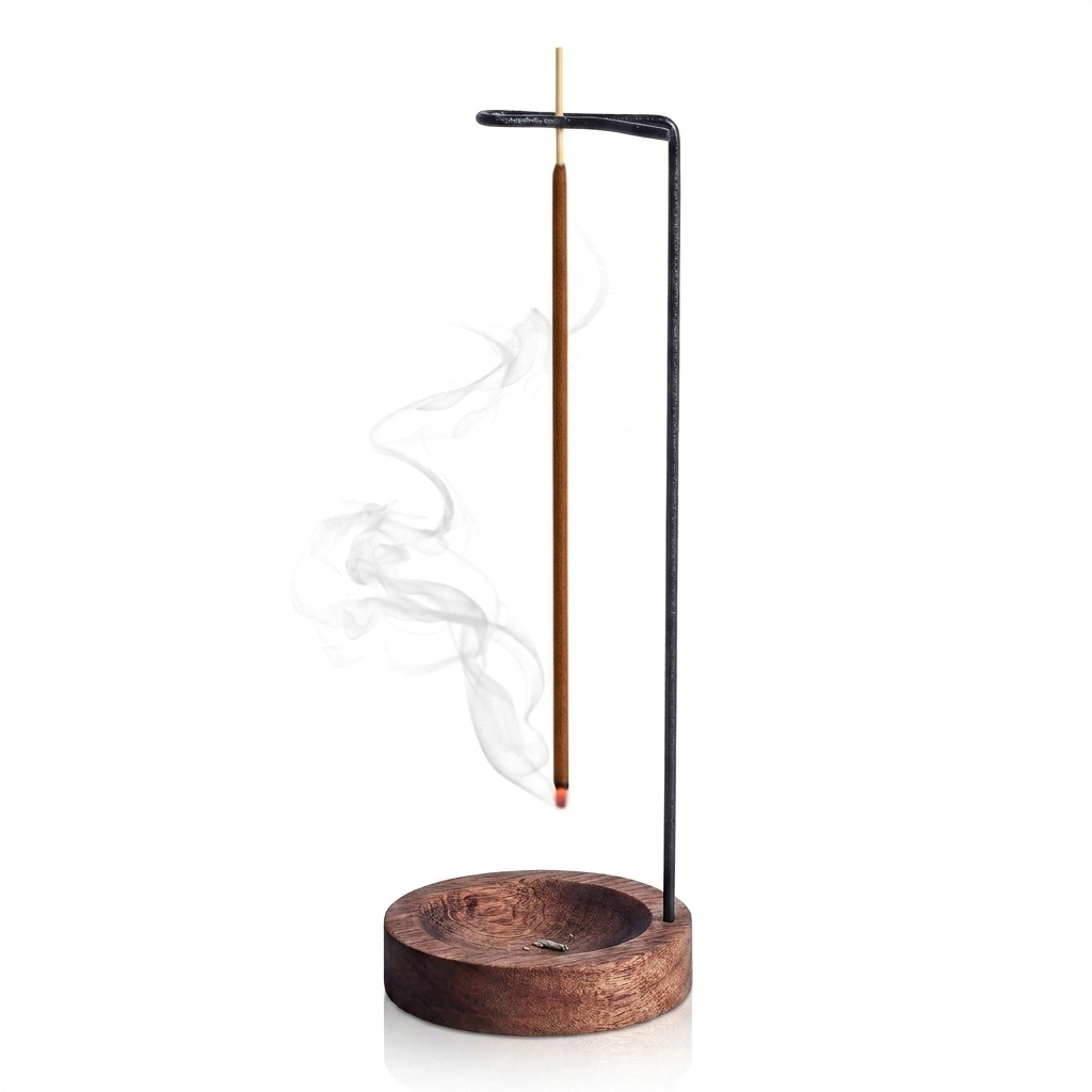 Levitate incense holder — upside-down ash-catching design with wooden base and black metal arm