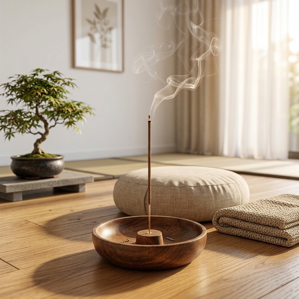 Wooden Bowl incense holder — angled view with stick incense