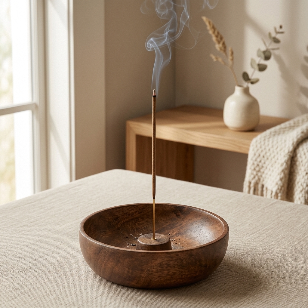 Wooden Bowl incense holder — lifestyle view on a calm ritual surface