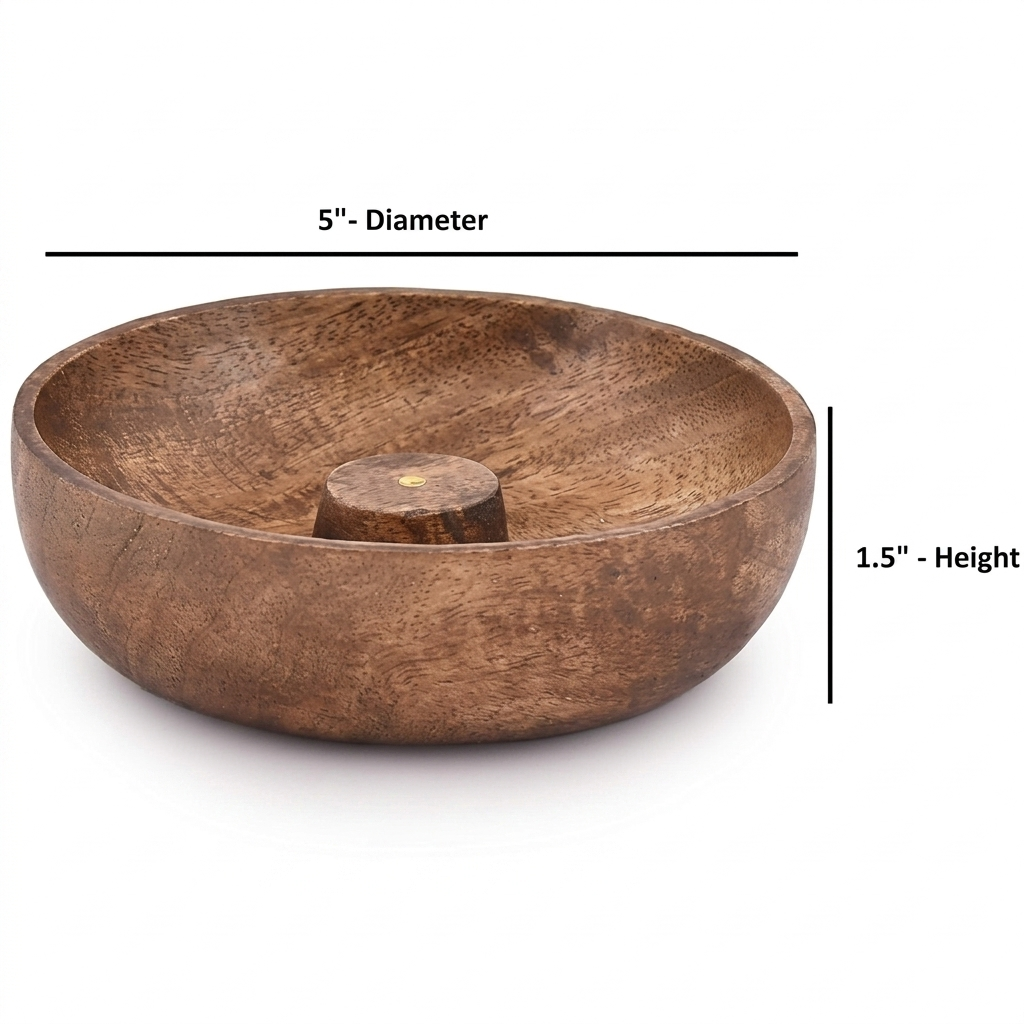 Wooden Bowl incense holder size guide — 5 inch diameter, 1.5 inch height