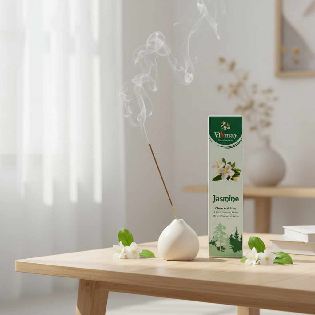 Jasmine incense sticks in a calm home — uplifting floral aroma