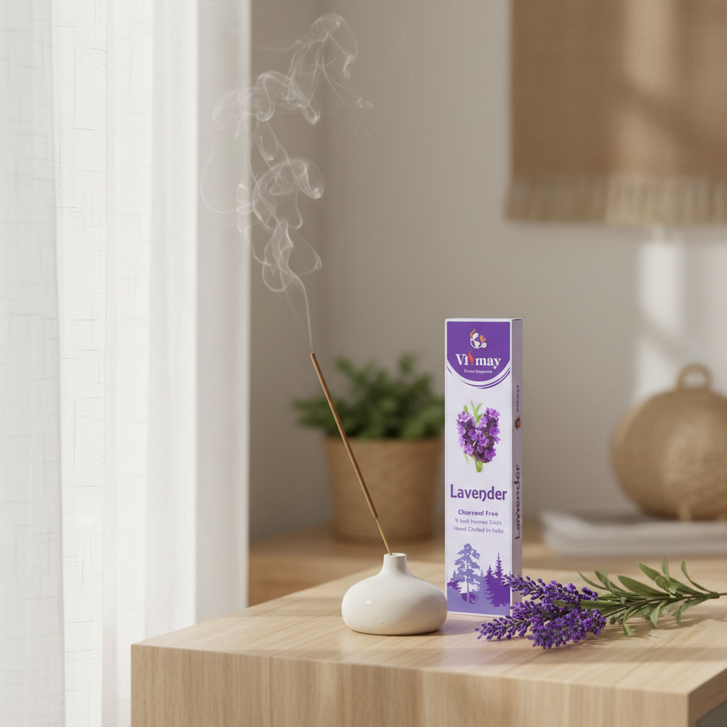 Lavender incense sticks in a calm home setting — relaxing floral aroma