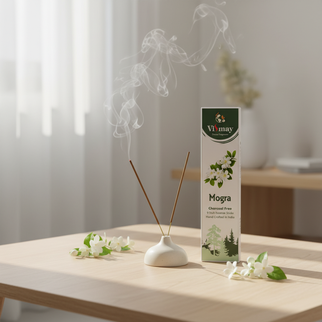 Mogra incense sticks in a warm home — comforting floral aroma