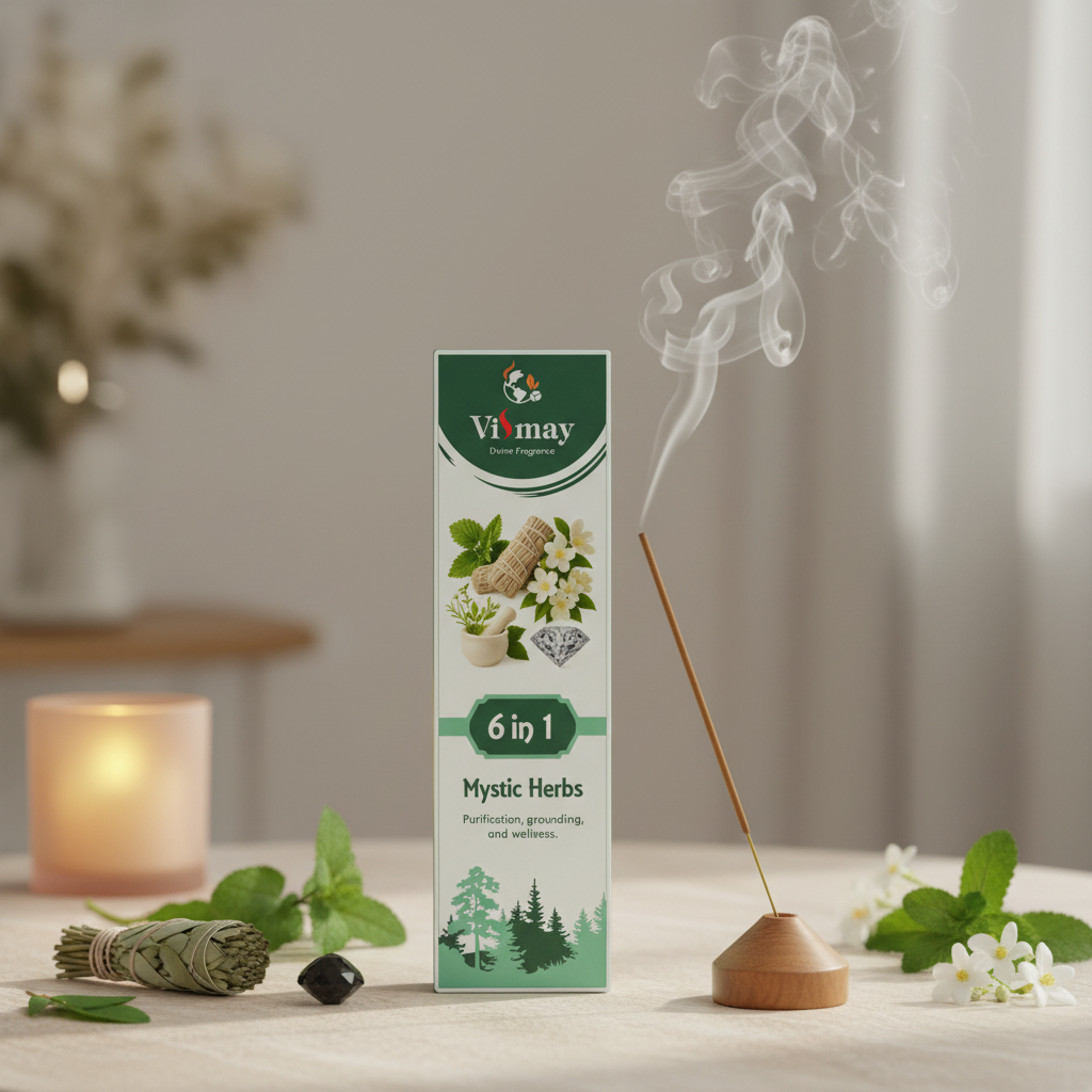 Mystic Herbs incense sticks in a fresh, nature-inspired space