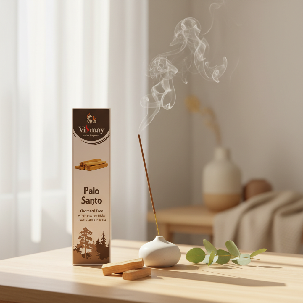 Palo Santo incense sticks in a calm home — cleansing grounding aroma