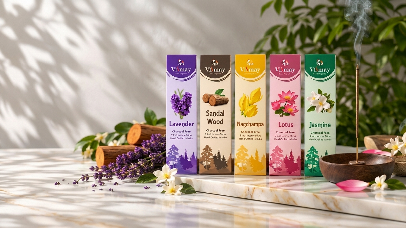 Vismay Lavender, Sandalwood, Nagchampa, Lotus and Jasmine incense packs on marble